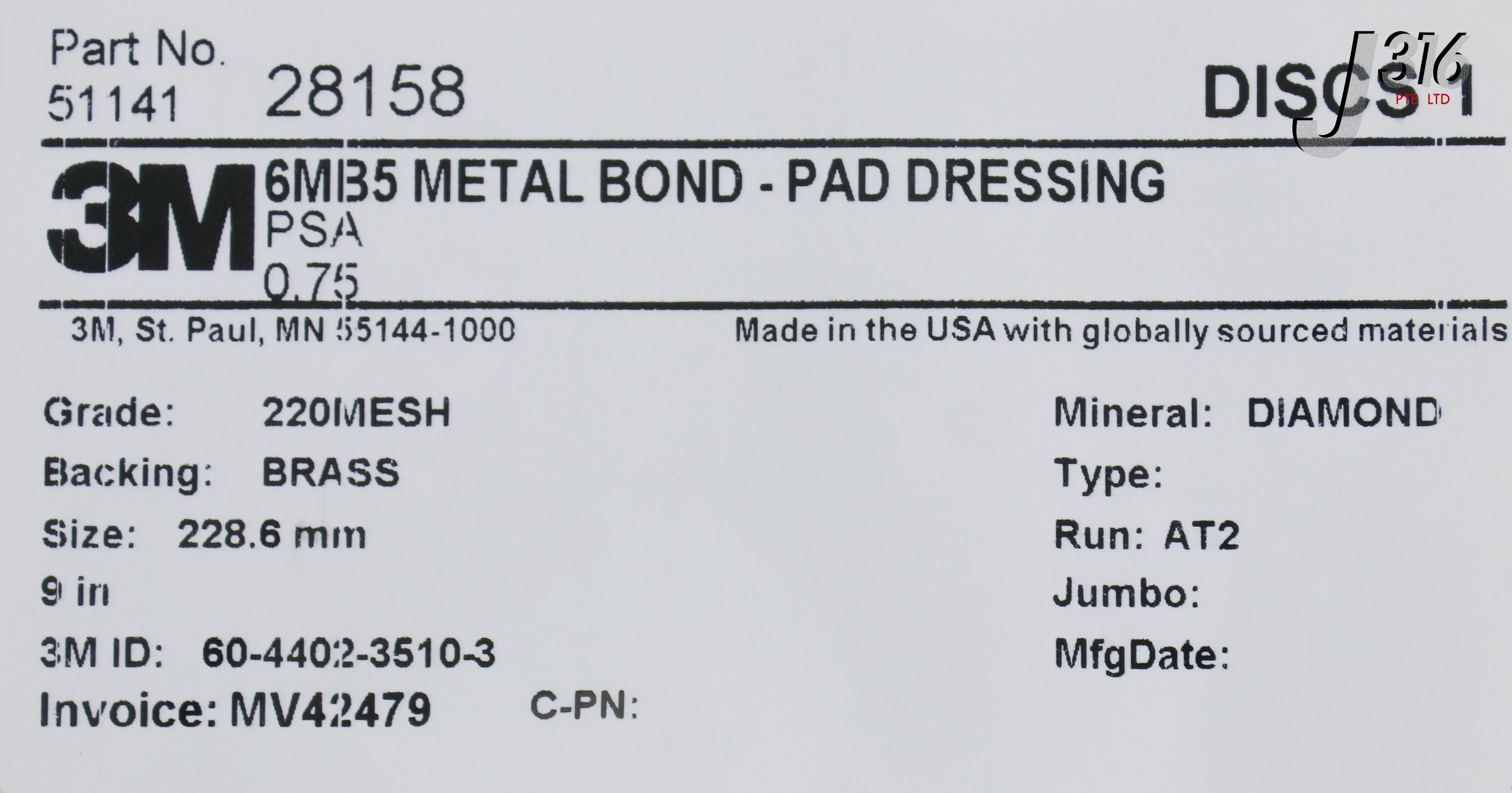 21059 3M 6MB5 DIAMOND METAL BOND - PAD DRESSING 220 60-4402-3510-3